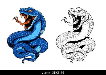 Viper snake vector mascot isolated on white. Coiled up snake with open mouth and fierce look. Aggressive and dynamic tattoo style art. Coloured and monochrome outlined options. Vector EPS10. Stock Vector