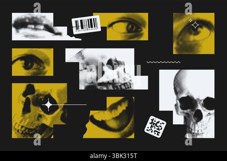 Abstract postmodern design elements: halftone skulls, eyes, lips in geometric shapes. EPS10 vector. Stock Vector