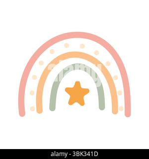 Handdrawn pastel rainbow with orange star and decorative dots, created in a cute playful boho style for kids. Stock Vector