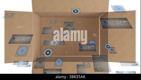 Displaying holographic panels floating in beige cuboid room, showing data charts, code and reticles Stock Photo