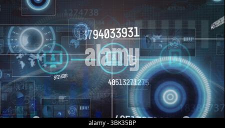 Displaying HUD pulsing on digital interface, with numeric IDs, world map, laptop icon, copy space Stock Photo
