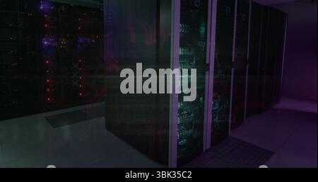 Displaying central server rack glowing with blinking LEDs in data center room, with network cables Stock Photo