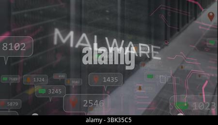 MALWARE warning flashing in data center corridor, showing server racks cables LEDs and overlays Stock Photo