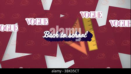 Featuring navy brush-stroke banner 'Back to school' on grid-paper backdrop, rulers and VOGUE stamps Stock Photo
