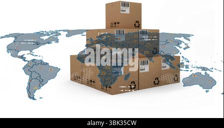 Graphic showing boxes piling up on white backdrop, with barcodes, world map overlay, handling icons Stock Photo
