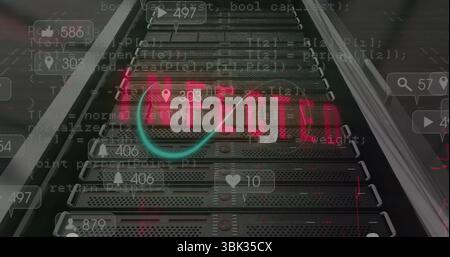 Displaying rack-mounted servers glowing with infected neon sign and overlay icons in data center Stock Photo
