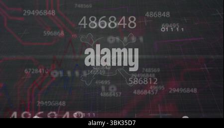 Displaying interface showing floating numbers, red blue graphs over gridlines, central skull emblem Stock Photo