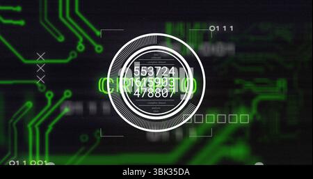 Presenting central circular data interface at HUD, with numeric datasets, circuit and binary code Stock Photo