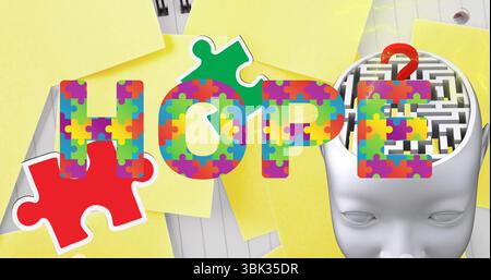 Displaying HOPE puzzle letters over head with maze at sticky-note wall, with red question mark Stock Photo