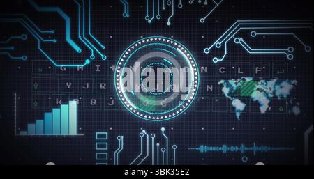 Displaying circular display spinning in panel, with bar chart and world map on grid background Stock Photo