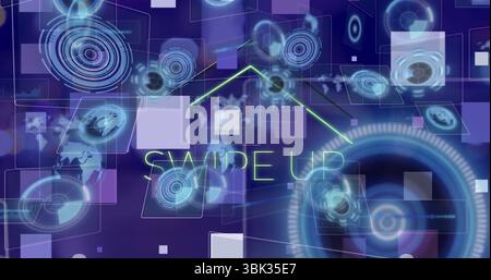 Displaying neon green 'SWIPE UP' text with glowing arrow on purple interface, floating HUD panels Stock Photo