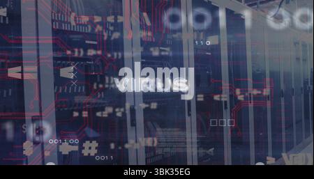 VIRUS text floating over server racks in data center, with circuit overlay, binary code and icons Stock Photo