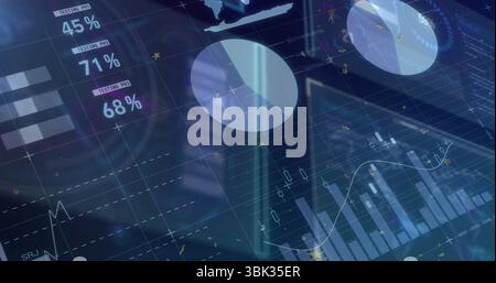Displaying dashboard showing pie, bar, line and candlestick charts with percentage labels on screen Stock Photo
