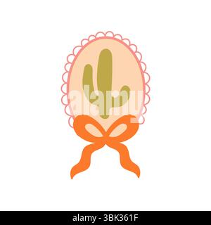 Stylized green cactus sits in pastel pink oval frame tied with orange bow. Great for desert themed nursery or craft decor. Stock Vector