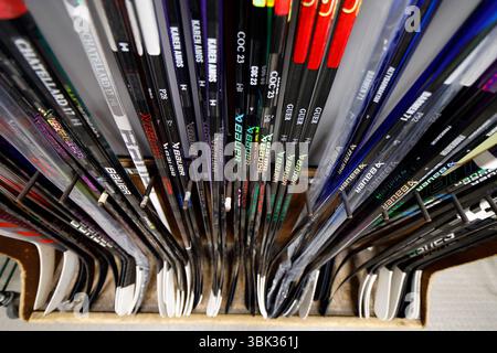 Ice rink. Championship match. Hockey players' sticks. Megeve.France. Stock Photo