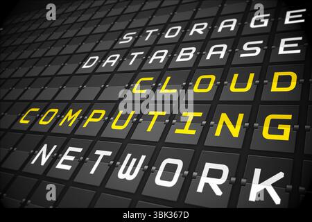 Digital grid panel is receding in dark 3D render, with glowing CLOUD COMPUTING labels Stock Photo