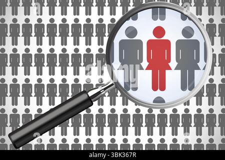 Showing flat design of dark gray female icon grid under magnifying glass highlighting red icon Stock Photo