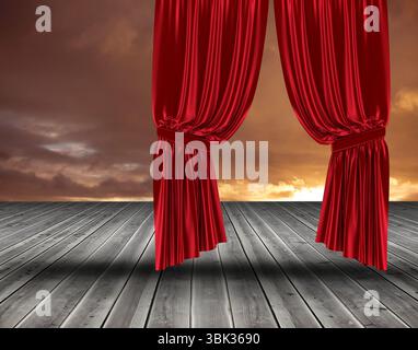 Flat design pair of red velvet curtains are revealing cloudy sunset sky on wooden stage floor Stock Photo