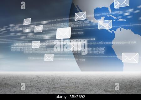 Envelope icons are streaming across flat abstract scene with binary code, globe over barren ground Stock Photo