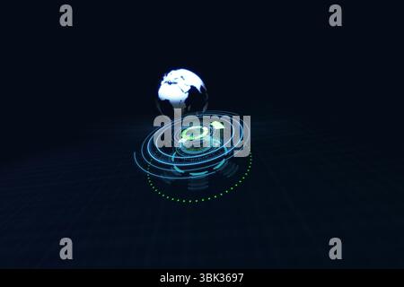 Holographic Earth globe floating above grid plane in dark 3D render space, with glowing data rings Stock Photo