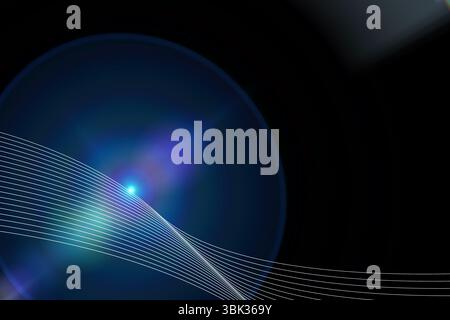 Abstract art showing curved white lines arcing over black canvas featuring glowing blue orb flaring Stock Photo