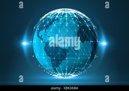Stylized blue digital Earth globe is floating in vector art, with network grid and glowing flares Stock Photo