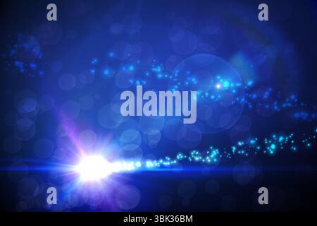 Abstract featuring swirling electric-blue sparkles over blue gradient with lens flare and bokeh Stock Photo