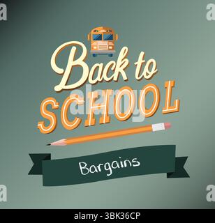 Showing retro Back to School design featuring bus icon, pencil, Bargains banner on green gradient Stock Photo