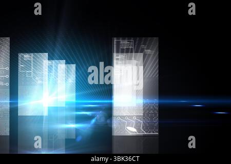 Translucent interface panels are floating on glossy surface in 3D render, cut by bright beam Stock Photo
