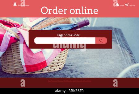 Wicker picnic basket with bread and wine bottle is showing on interface with search bar overlay Stock Photo