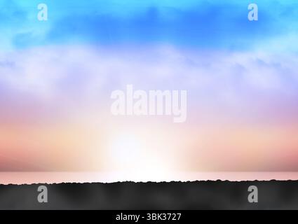 Sun is rising and is creating pastel sky gradient with rocky shoreline silhouette in flat design Stock Photo