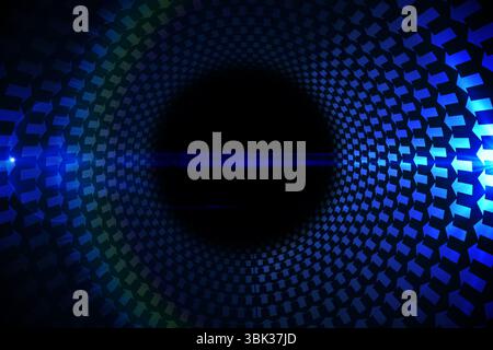 Abstract 3D render is displaying glowing blue arrow tunnel receding into central dark void Stock Photo
