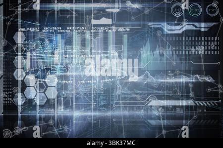 Futuristic flat design interface is showing holographic charts and hexagon nodes on clear backdrop Stock Photo