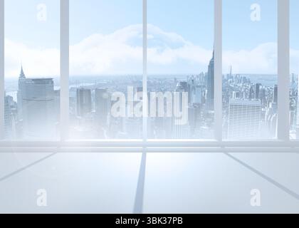 Flat design is showing empty interior with floor-to-ceiling glass windows overlooking city skyline Stock Photo