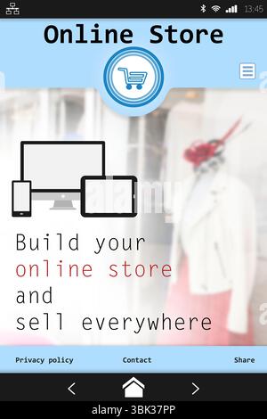 Smartphone interface is showing online store in flat UI, featuring device icons with header icons Stock Photo