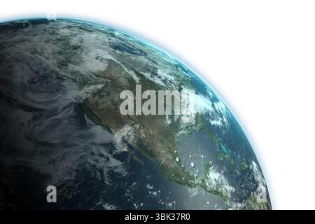 3D Earth model is floating in space showing North America, swirling clouds, blue glow, copy space Stock Photo