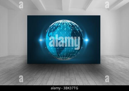 Glowing network globe is floating on display panel in minimalist gallery featuring wooden flooring Stock Photo