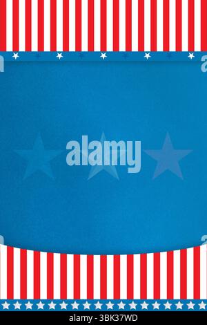 Flat patriotic banner design is featuring bold red white stripe borders with blue star field center Stock Photo