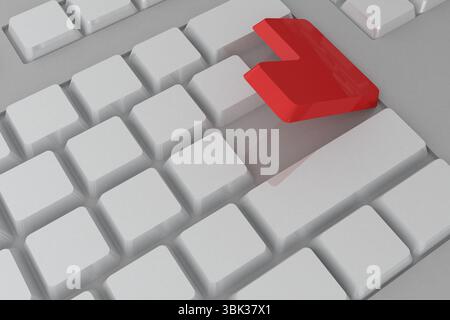 Red enter key is floating above blank white keyboard keys casting translucent shadow in 3D render Stock Photo