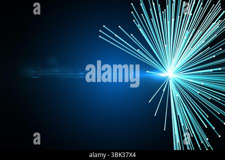 Flat turquoise dotted beams are radiating from glow on blue gradient, adding horizontal lens flare Stock Photo