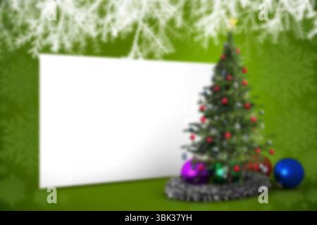 Flat design card is featuring blank white panel on left, Christmas tree on green snowflake backdrop Stock Photo