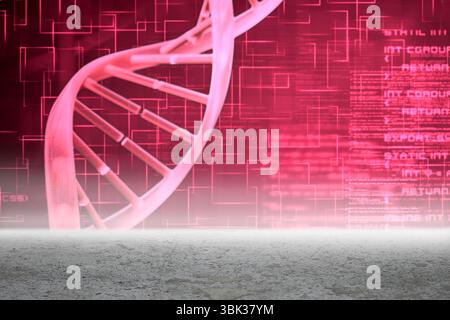 Semi-transparent pink DNA helix is twisting over rough floor in digital render with code and grids Stock Photo