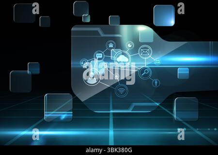Translucent hexagonal digital panel is floating above glowing grid in 3D render with network icons Stock Photo