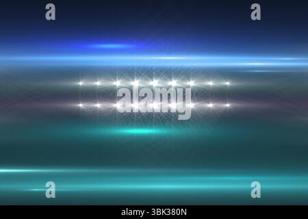 Abstract digital art is showing glowing light grid moving across light-streaked blue green backdrop Stock Photo