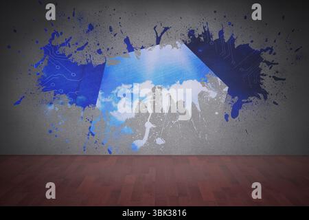 Flat design paint-splash mural is revealing blue sky with clouds and circuit patterns on wall Stock Photo