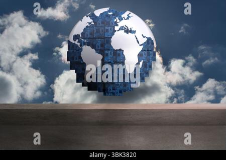 Stylized circuit-board globe is floating above concrete ledge in flat style with cloud backdrop Stock Photo