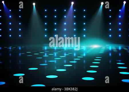 3D render is showing spotlights casting teal beams onto shiny floor with glowing circles, LED grid Stock Photo