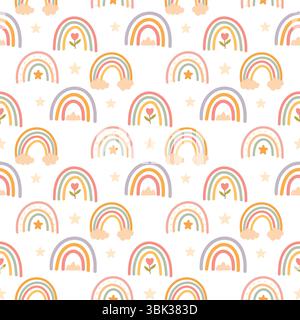 Playful rainbow collection in pastel colors featuring hearts, stars, clouds, leaves and sunshine. Seamless pattern for joyful kids design. Stock Vector