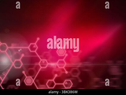 Displaying glowing molecular network in abstract red gradient background, featuring hexagon nodes Stock Photo
