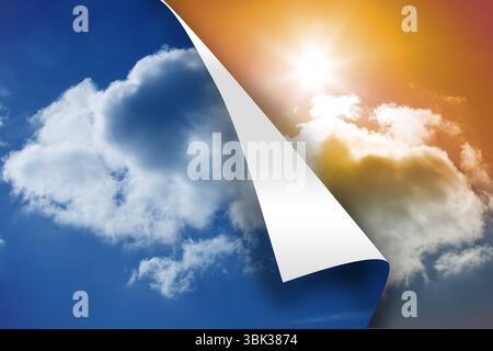 White page curl is peeling between blue sky with cloud and sunlit sunset in flat design Stock Photo